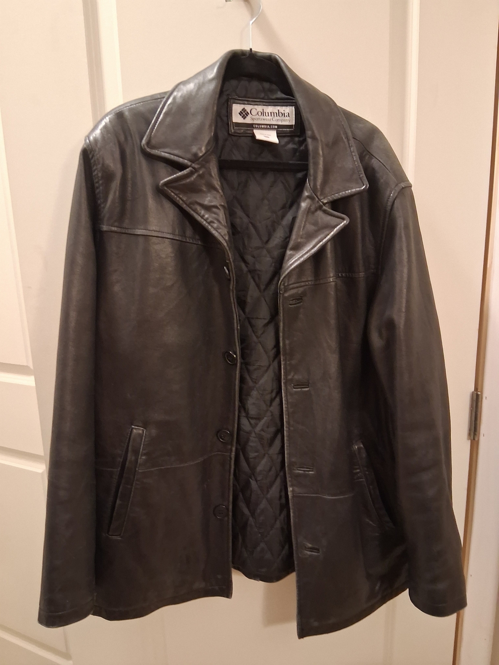 Columbia Men’s Black Leather Pea Coat with Quilted Lining